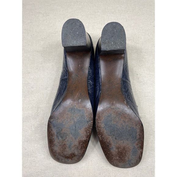 60s Vintage Black Tooled Leather Loafer with Silver Buckle and Chunky Heel Size - Picture 5 of 7